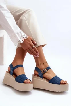 Boto Sandały Na Koturnie*Damskie Jeansowe Sandały Na Koturnie Niebieskie Geferia