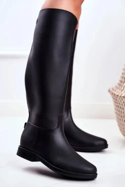 Damskie Boto Damskie Kalosze Pod Kolano Czarne Oficerki Gumowe Drizzle