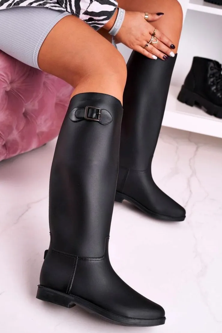 Sale Boto Damskie Kalosze Pod Kolano Czarne Oficerki Gumowe Eileen