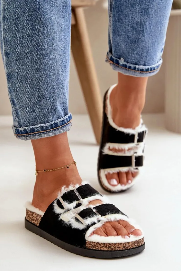 Boto Kapcie Klasyczne*Damskie Kapcie Klapki Z Klamrami I Futerkiem Czarne Ezilena Czarny