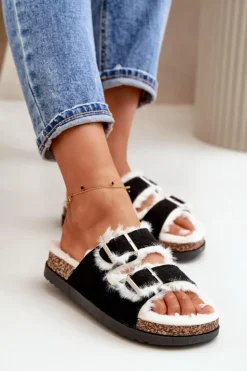 Boto Kapcie Klasyczne*Damskie Kapcie Klapki Z Klamrami I Futerkiem Czarne Ezilena Czarny