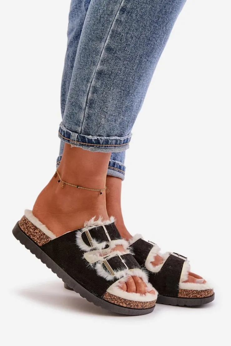 Boto Kapcie Klasyczne*Damskie Kapcie Klapki Z Klamrami I Futerkiem Czarne Ezilena Czarny