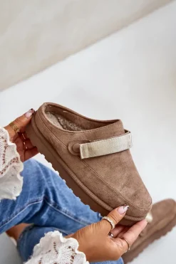 Boto Damskie Kapcie Ocieplane Futerkiem Na Platformie Brązowe Azida Brązowy