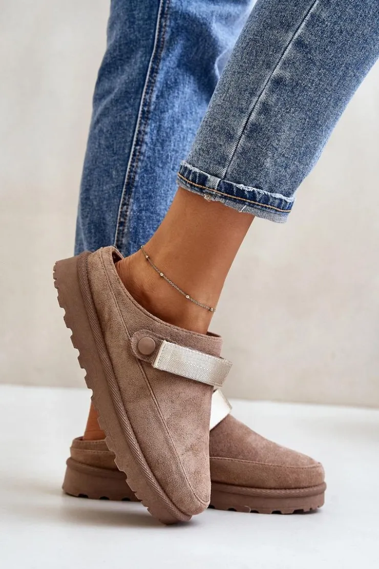 Boto Damskie Kapcie Ocieplane Futerkiem Na Platformie Brązowe Azida Brązowy