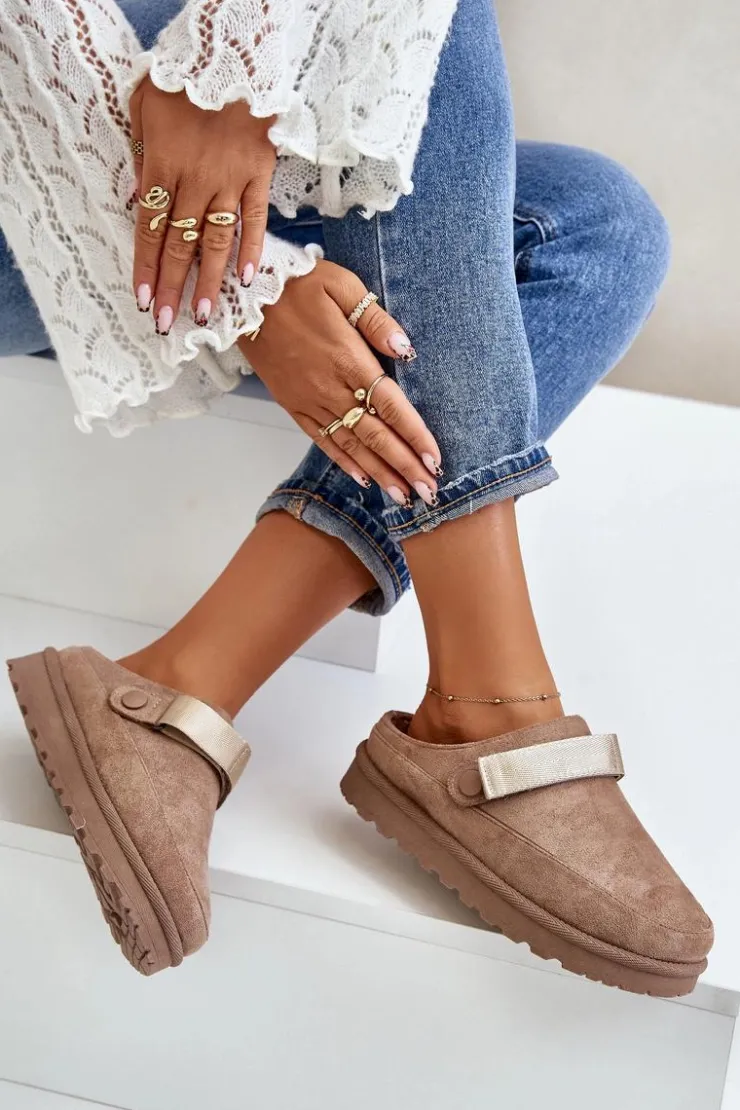 Boto Damskie Kapcie Ocieplane Futerkiem Na Platformie Brązowe Azida Brązowy