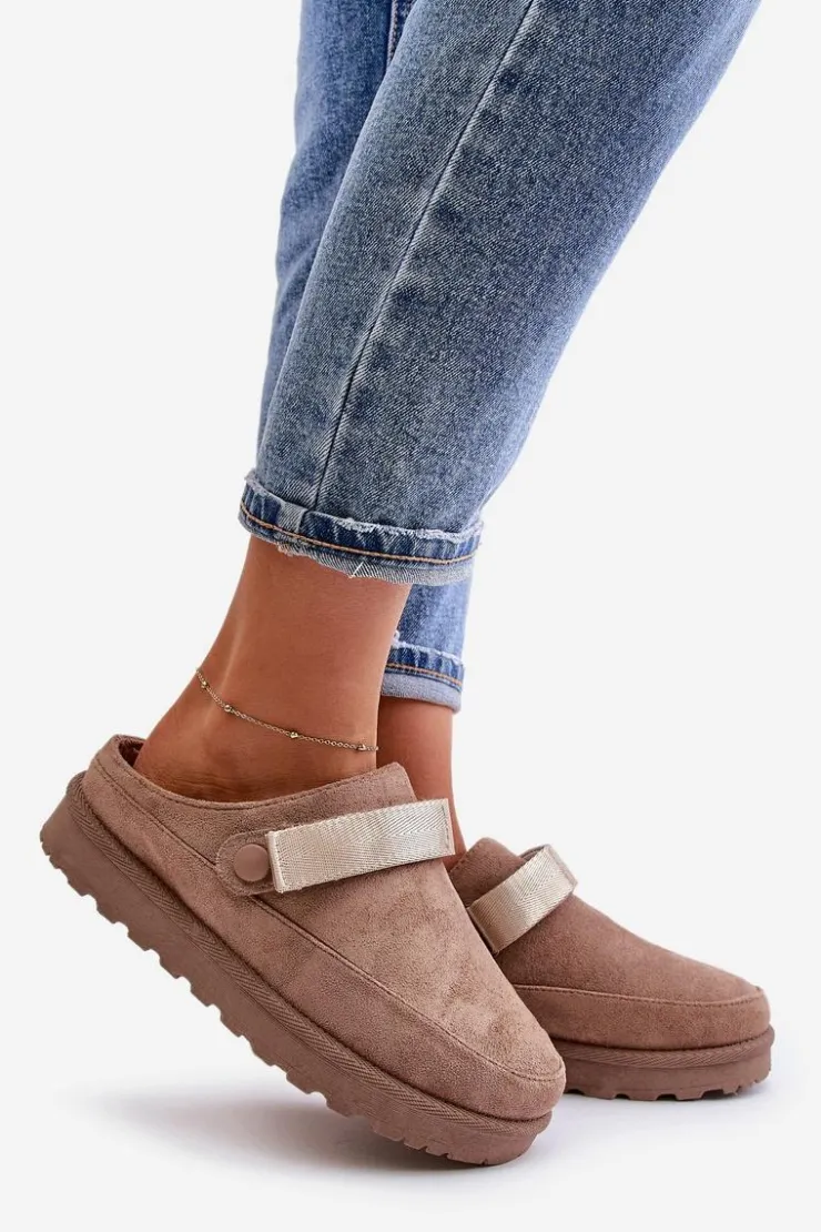 Boto Damskie Kapcie Ocieplane Futerkiem Na Platformie Brązowe Azida Brązowy