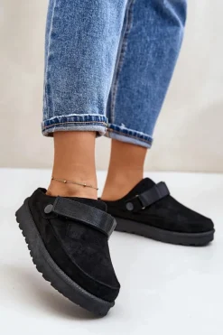 Boto Śniegowce Damskie|Kapcie Klasyczne*Damskie Kapcie Ocieplane Futerkiem Na Platformie Czarne Azida Czarny