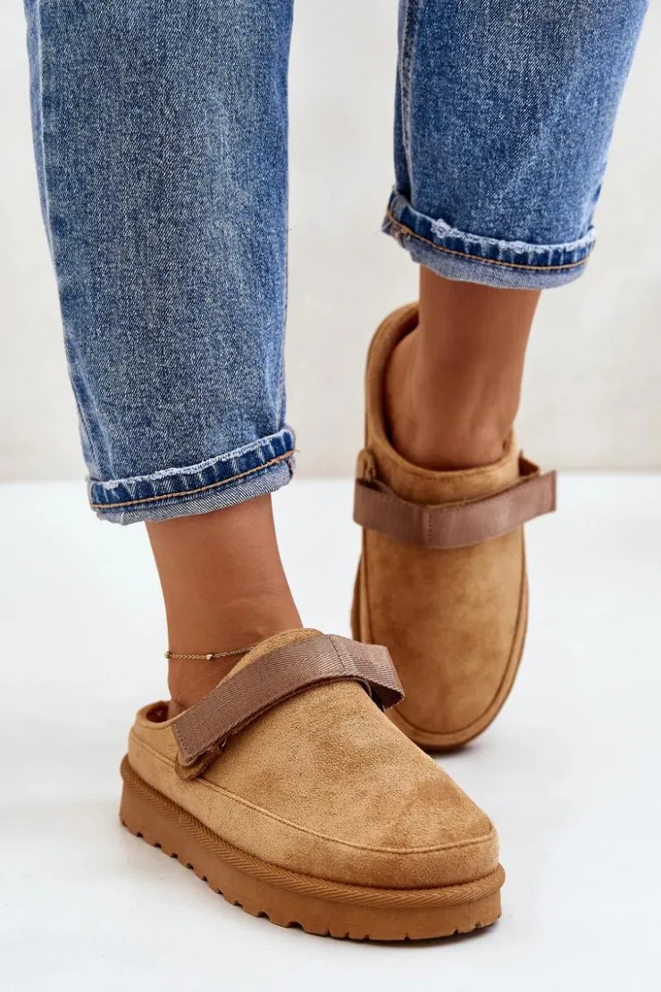 Online Boto Damskie Kapcie Ocieplane Futerkiem Na Platformie Camel Azida Brązowy