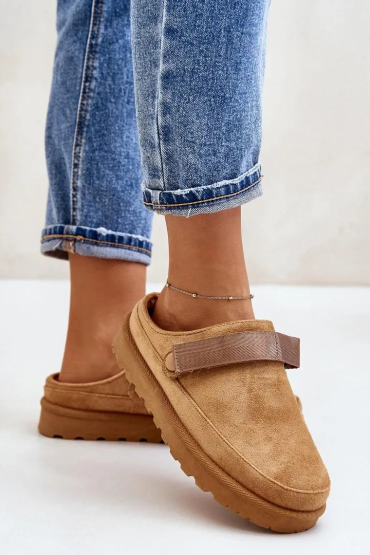 Online Boto Damskie Kapcie Ocieplane Futerkiem Na Platformie Camel Azida Brązowy