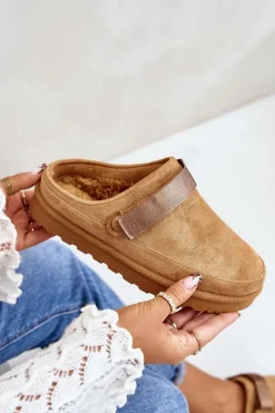 Online Boto Damskie Kapcie Ocieplane Futerkiem Na Platformie Camel Azida Brązowy