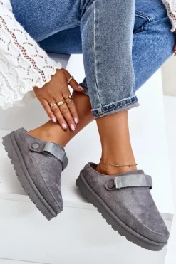 Damskie Boto Damskie Kapcie Ocieplane Futerkiem Na Platformie Szare Azida