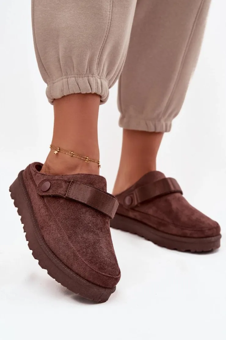 Boto Damskie Kapcie Ocieplane Futerkiem Na Platformie Czekoladowe Azida Brązowy