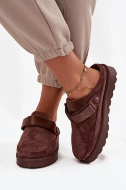 Boto Damskie Kapcie Ocieplane Futerkiem Na Platformie Czekoladowe Azida Brązowy