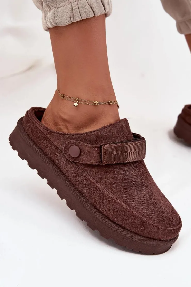 Boto Damskie Kapcie Ocieplane Futerkiem Na Platformie Czekoladowe Azida Brązowy