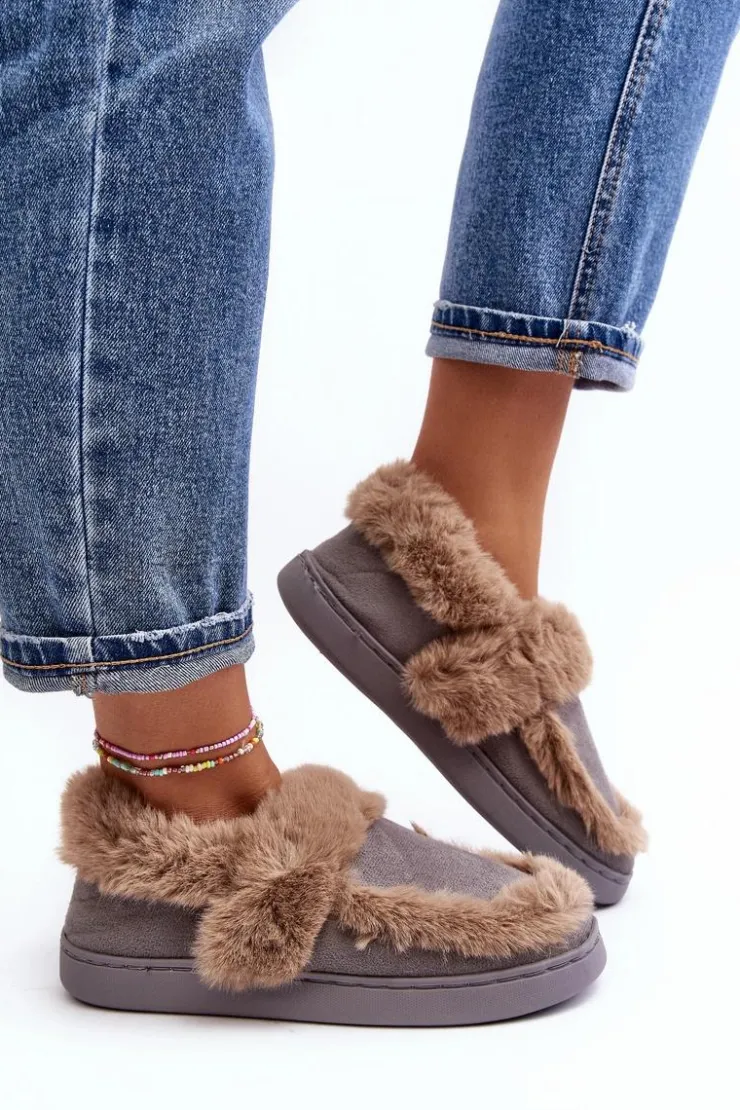 Boto Kapcie Klasyczne*Damskie Kapcie Z Futerkiem Szare Sailey