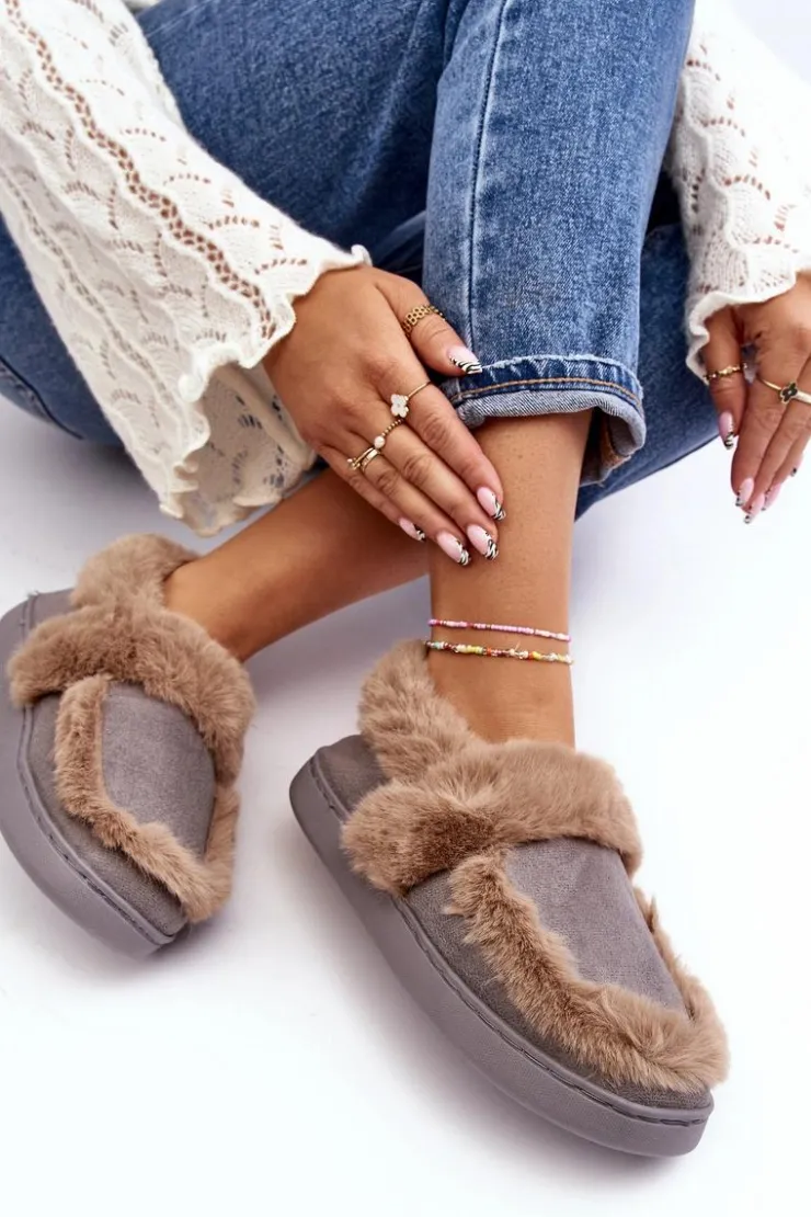 Boto Kapcie Klasyczne*Damskie Kapcie Z Futerkiem Szare Sailey