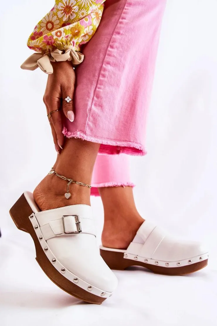 Online Boto Damskie Klapki Chodaki Na Obcasie Białe Ivette