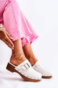 Online Boto Damskie Klapki Chodaki Na Obcasie Białe Ivette