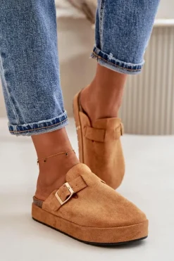 Online Boto Damskie Klapki Chodaki Na Platformie Ze Złotą Klamrą Camel Terilaina Brązowy