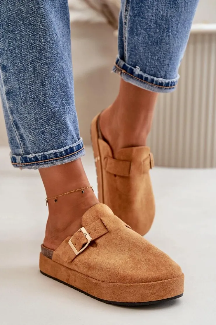 Online Boto Damskie Klapki Chodaki Na Platformie Ze Złotą Klamrą Camel Terilaina Brązowy