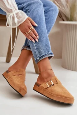 Online Boto Damskie Klapki Chodaki Na Platformie Ze Złotą Klamrą Camel Terilaina Brązowy