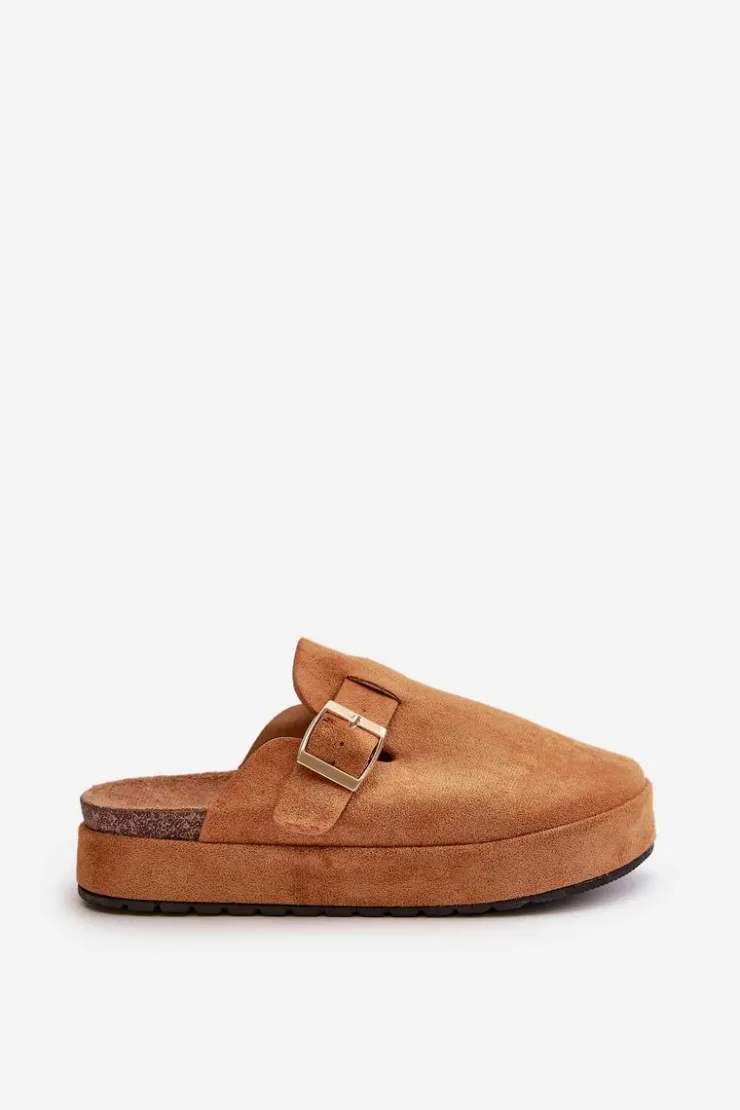 Online Boto Damskie Klapki Chodaki Na Platformie Ze Złotą Klamrą Camel Terilaina Brązowy