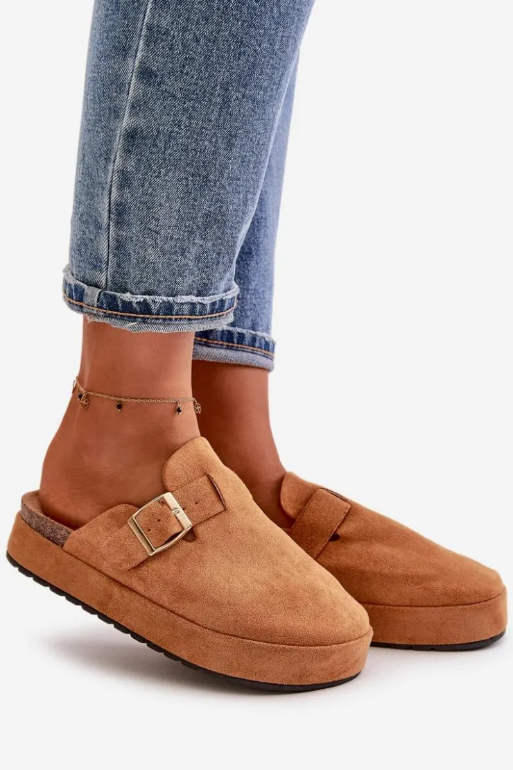 Online Boto Damskie Klapki Chodaki Na Platformie Ze Złotą Klamrą Camel Terilaina Brązowy