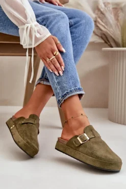 Best Boto Damskie Klapki Chodaki Na Platformie Ze Złotą Klamrą Ciemnozielone Terilaina