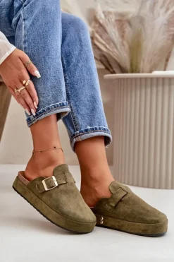 Best Boto Damskie Klapki Chodaki Na Platformie Ze Złotą Klamrą Ciemnozielone Terilaina