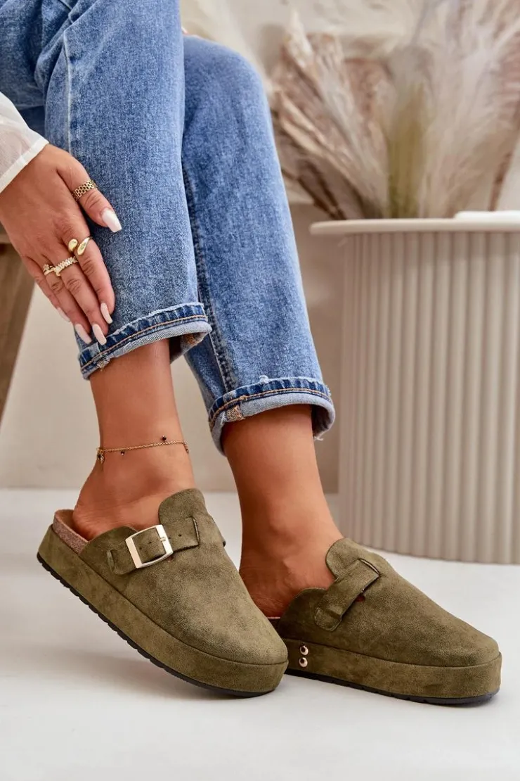 Best Boto Damskie Klapki Chodaki Na Platformie Ze Złotą Klamrą Ciemnozielone Terilaina