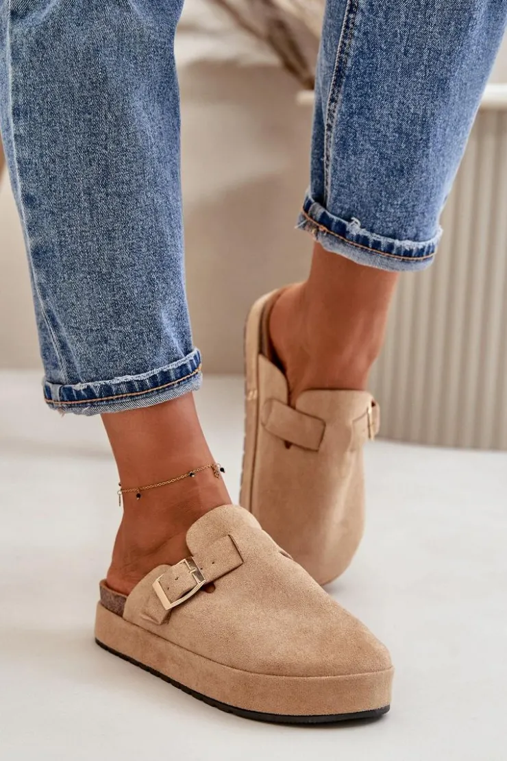 Damskie Boto Damskie Klapki Chodaki Na Platformie Ze Złotą Klamrą Ciemnobeżowe Terilaina