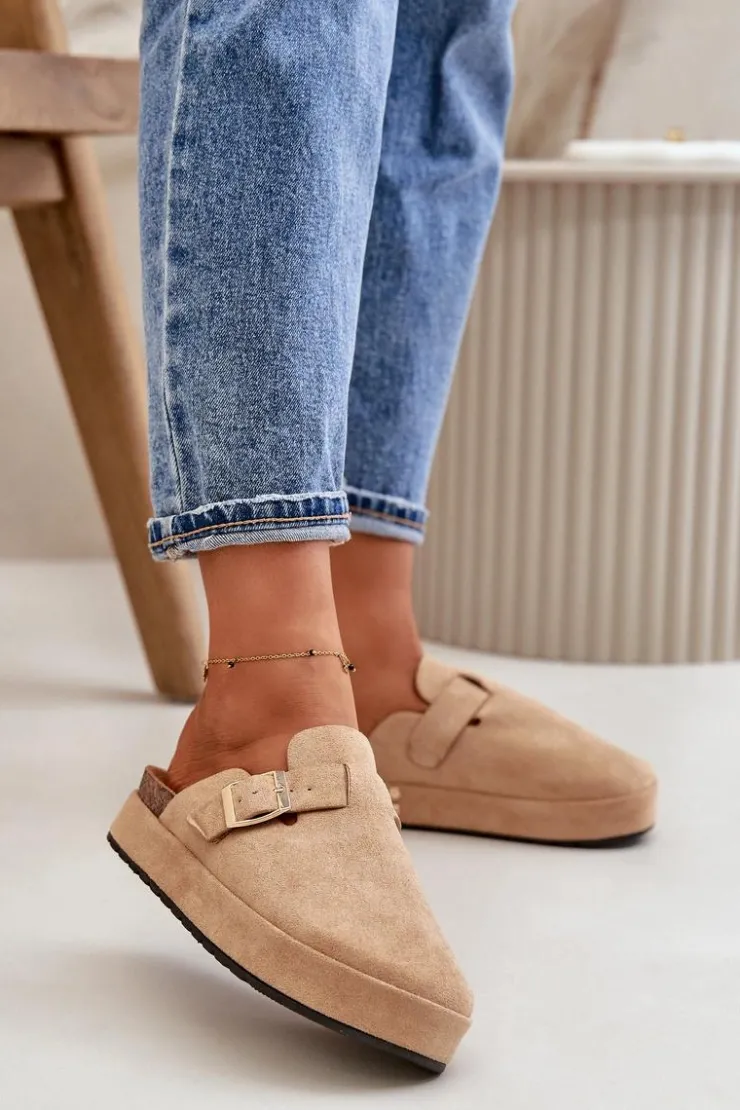 Damskie Boto Damskie Klapki Chodaki Na Platformie Ze Złotą Klamrą Ciemnobeżowe Terilaina