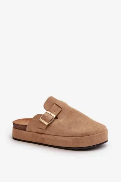 Damskie Boto Damskie Klapki Chodaki Na Platformie Ze Złotą Klamrą Ciemnobeżowe Terilaina