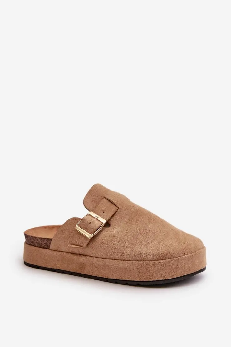 Damskie Boto Damskie Klapki Chodaki Na Platformie Ze Złotą Klamrą Ciemnobeżowe Terilaina