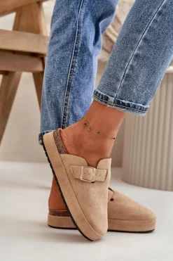 Damskie Boto Damskie Klapki Chodaki Na Platformie Ze Złotą Klamrą Ciemnobeżowe Terilaina