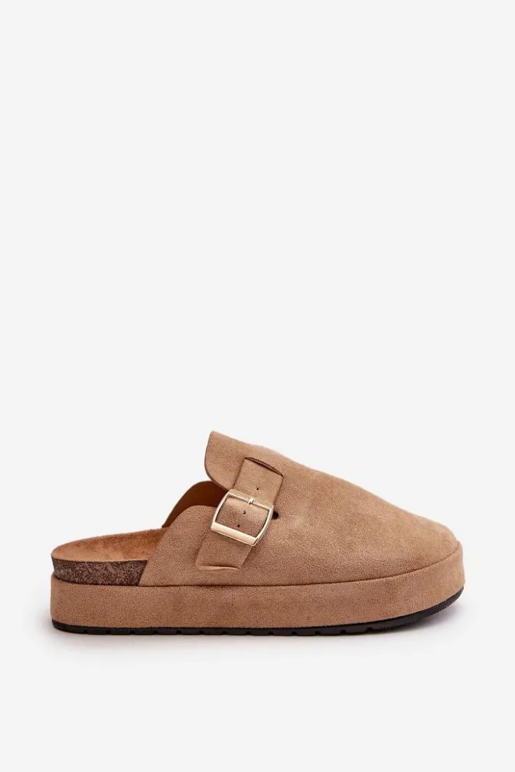 Damskie Boto Damskie Klapki Chodaki Na Platformie Ze Złotą Klamrą Ciemnobeżowe Terilaina