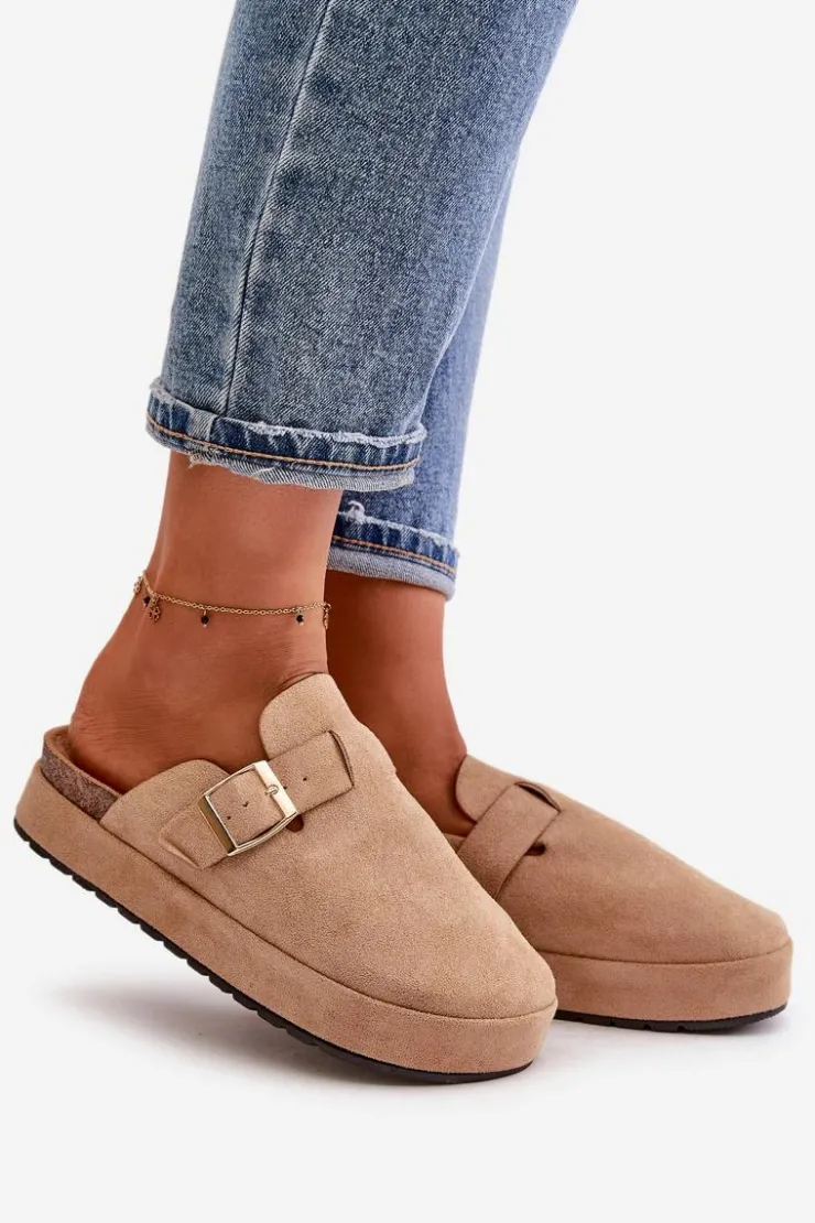 Damskie Boto Damskie Klapki Chodaki Na Platformie Ze Złotą Klamrą Ciemnobeżowe Terilaina