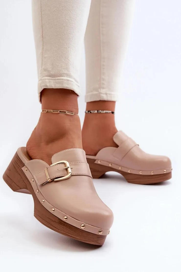 Damskie Boto Damskie Klapki Chodaki Z Klamrą Beżowe Seprilla