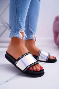 Boto Klapki Damskie Klasyczne*Damskie Klapki Czarne Opalizujące Nerdo