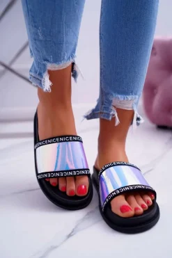 Boto Klapki Damskie Klasyczne*Damskie Klapki Czarne Opalizujące Nerdo