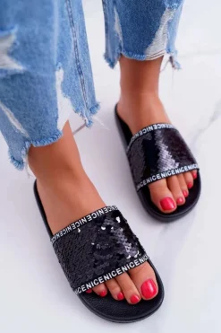 Boto Klapki Damskie Klasyczne*Damskie Klapki Czarne Opalizujące Nice
