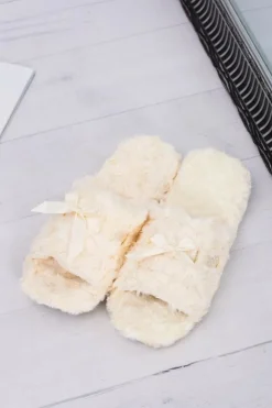 Boto Kapcie Klasyczne*Damskie Klapki Domowe Beżowe Papcie ze Wstążką