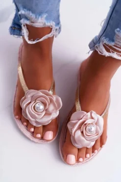 Boto Klapki Damskie Japonki*Damskie Klapki Japonki Beżowe Kwiat Brokat Elenda