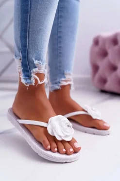 New Boto Damskie Klapki Japonki Białe Kwiat Brokat Elenda