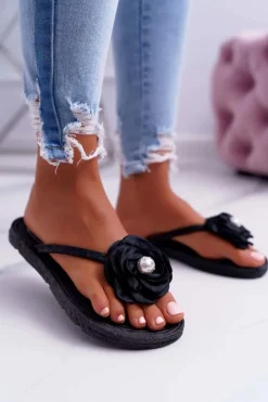 Damskie Boto Damskie Klapki Japonki Czarne Kwiat Brokat Elenda