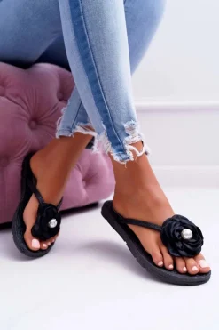 Damskie Boto Damskie Klapki Japonki Czarne Kwiat Brokat Elenda