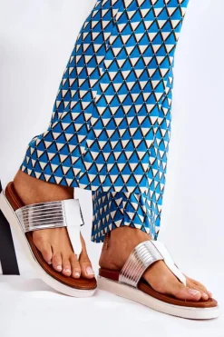 Damskie Boto Damskie Klapki Japonki Na Platformie Biało-Srebrne Morissa