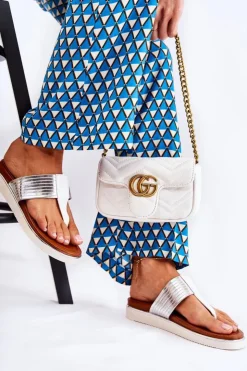 Damskie Boto Damskie Klapki Japonki Na Platformie Biało-Srebrne Morissa