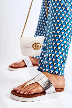 Damskie Boto Damskie Klapki Japonki Na Platformie Biało-Srebrne Morissa