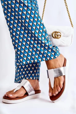 Damskie Boto Damskie Klapki Japonki Na Platformie Biało-Srebrne Morissa